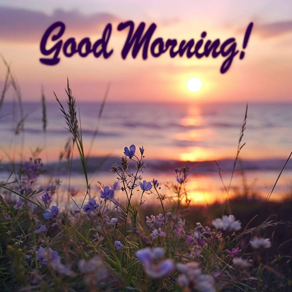 Serene Sunrise Ocean Scene with Wildflowers and 'Good Morning' Text Art