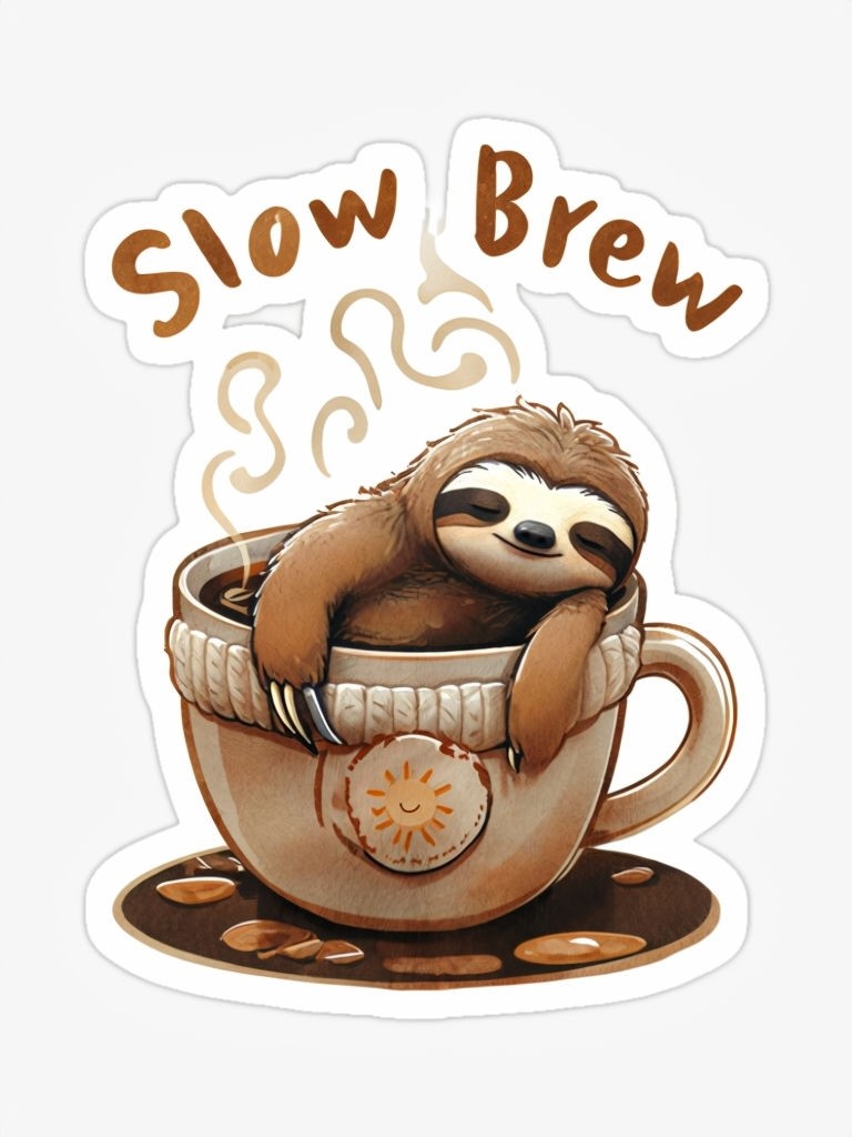 Sleepy Sloth in Coffee Cup with "Slow Brew" Text Sticker