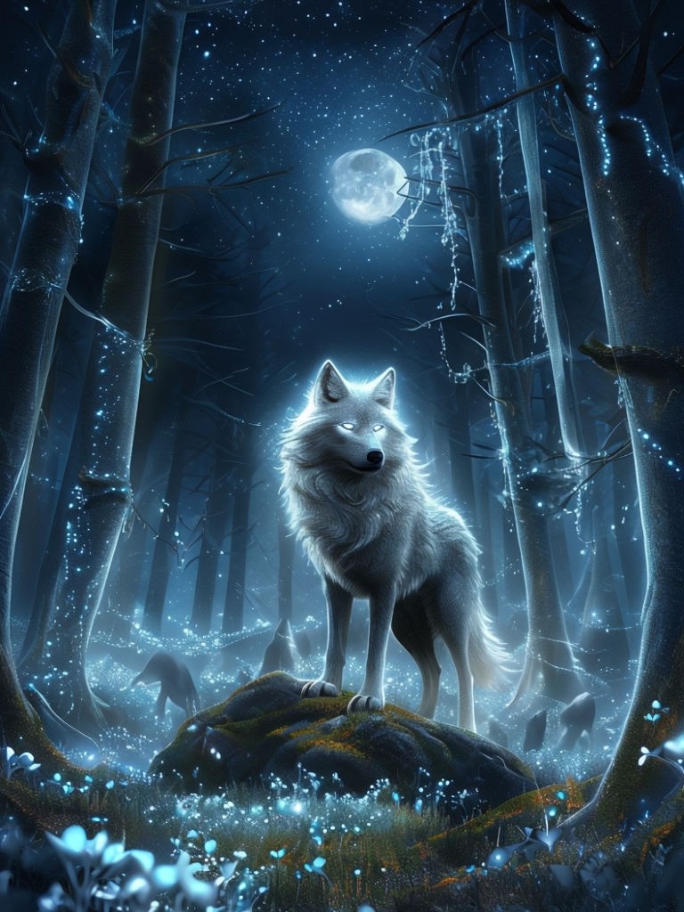 Mystical Lunar Guardian Wolf in Enchanted Silver Woods Art