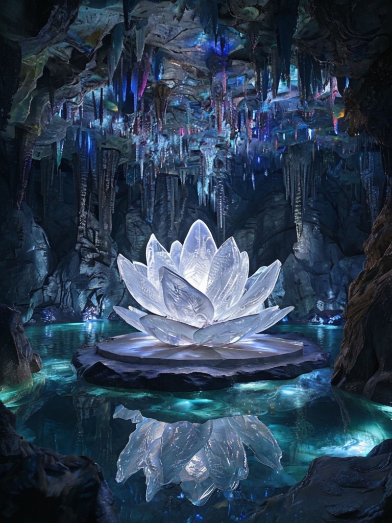 Ethereal Crystal Lotus in Mystical Underground Cavern Art