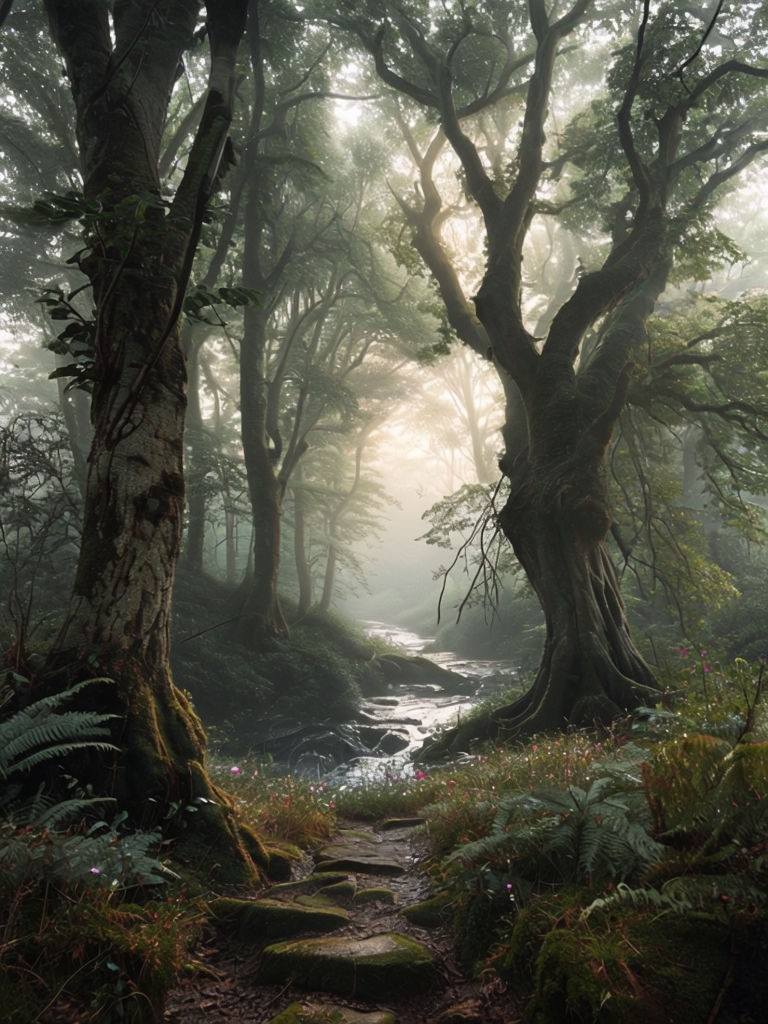 Misty Ancient Forest at Dawn with Serene Pathway Art