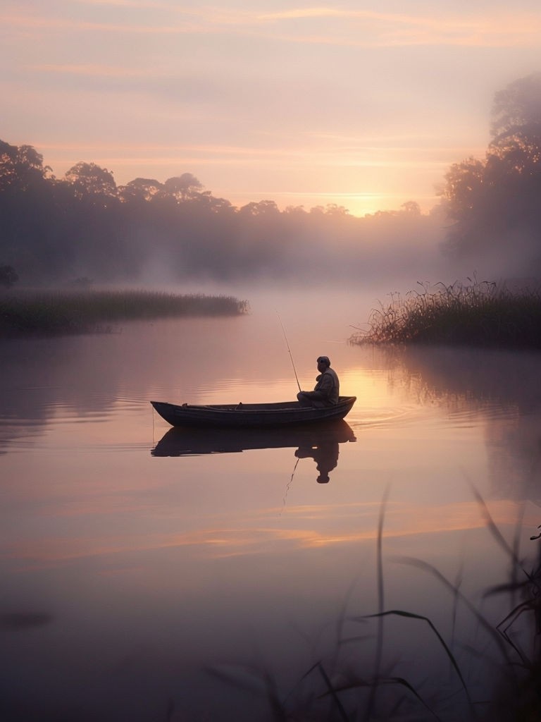 Misty Dawn Lake with Fisherman Silhouette Art