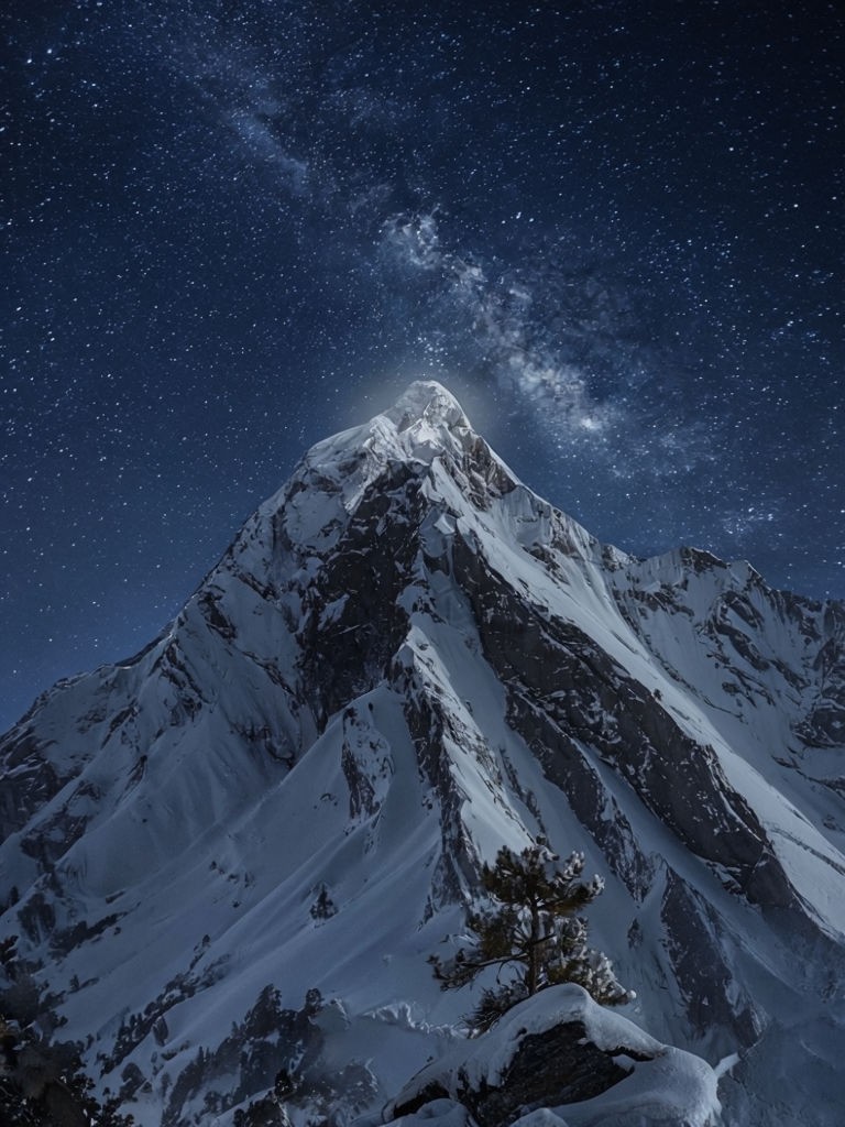 Majestic Snow-Covered Mountain Peak Under Starry Sky Art