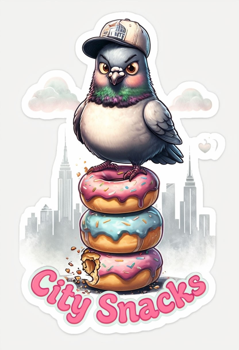 Chubby Cartoon Pigeon on Colorful Donuts Sticker with City Skyline Background