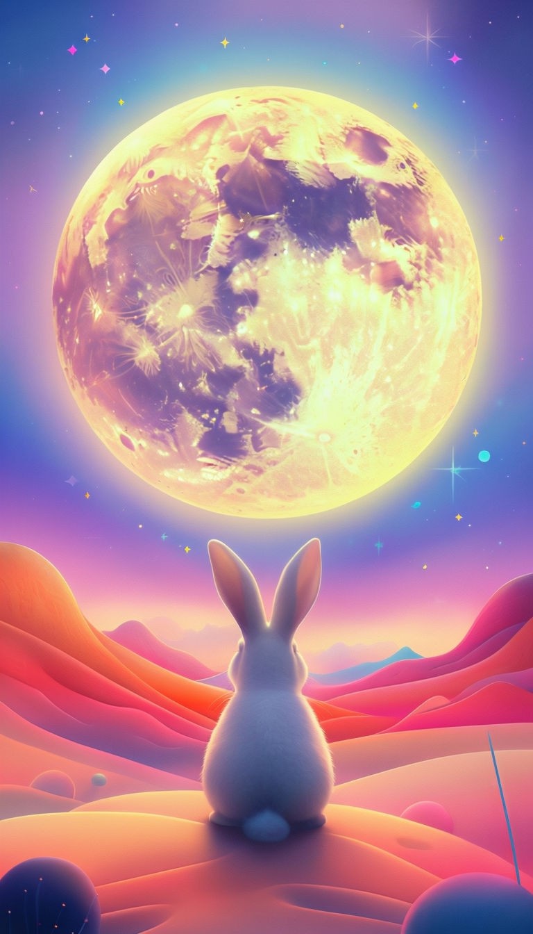 Whimsical Bunny Under Bright Yellow Moon Surreal Art