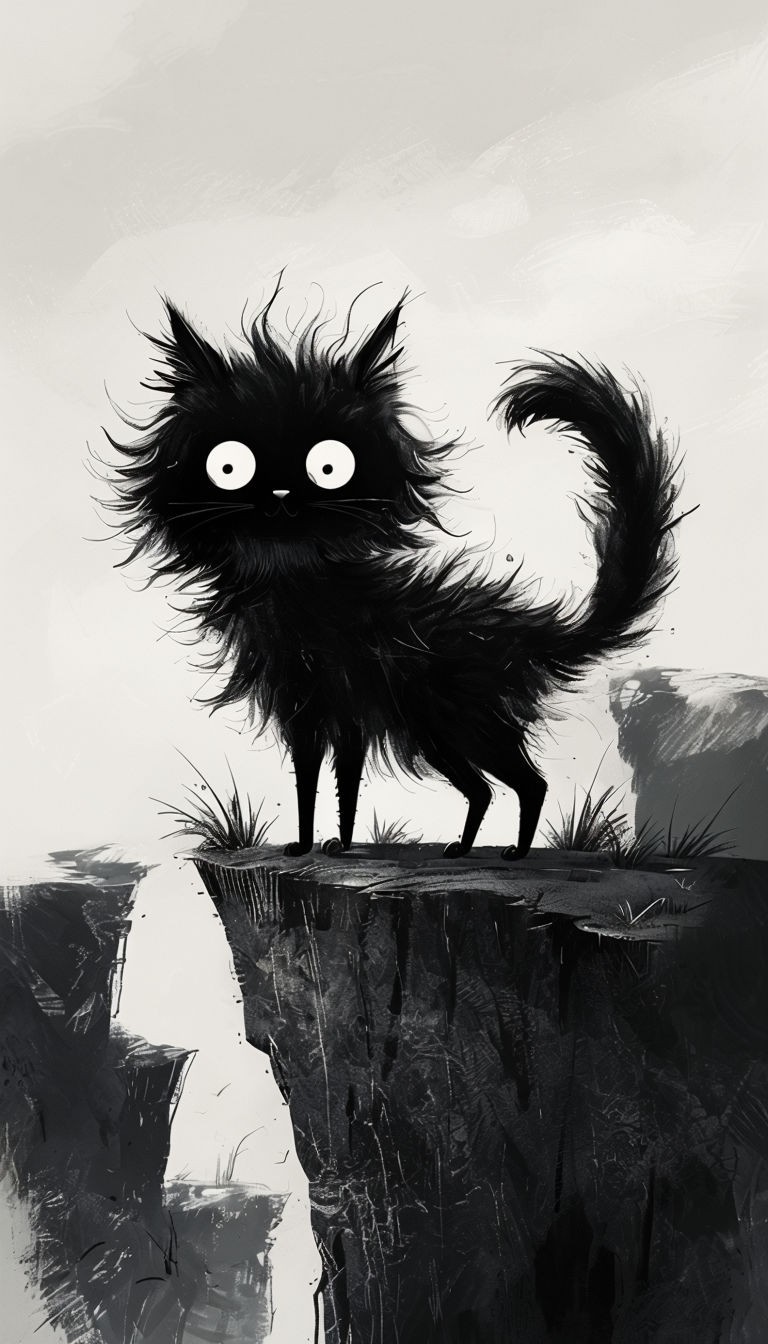 Whimsical Black Cat on Cliff Digital Art Poster