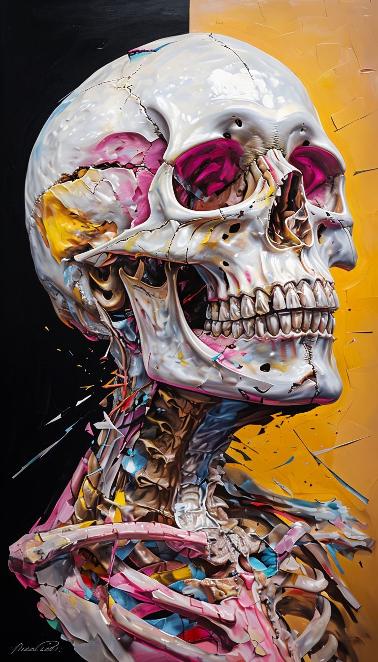 Vibrant Abstract Human Skull and Anatomy Art Piece