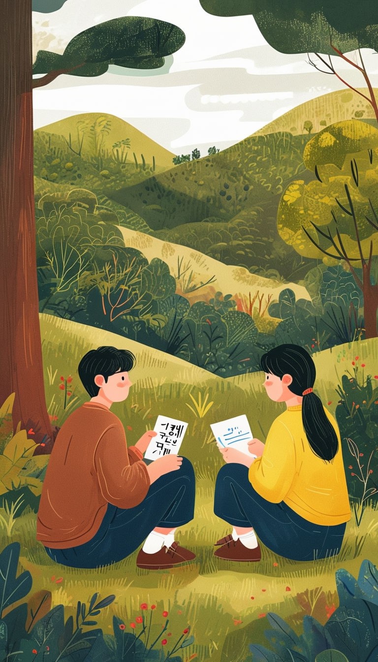 Serene Outdoor Conversation Scene with Characters on Grass Art