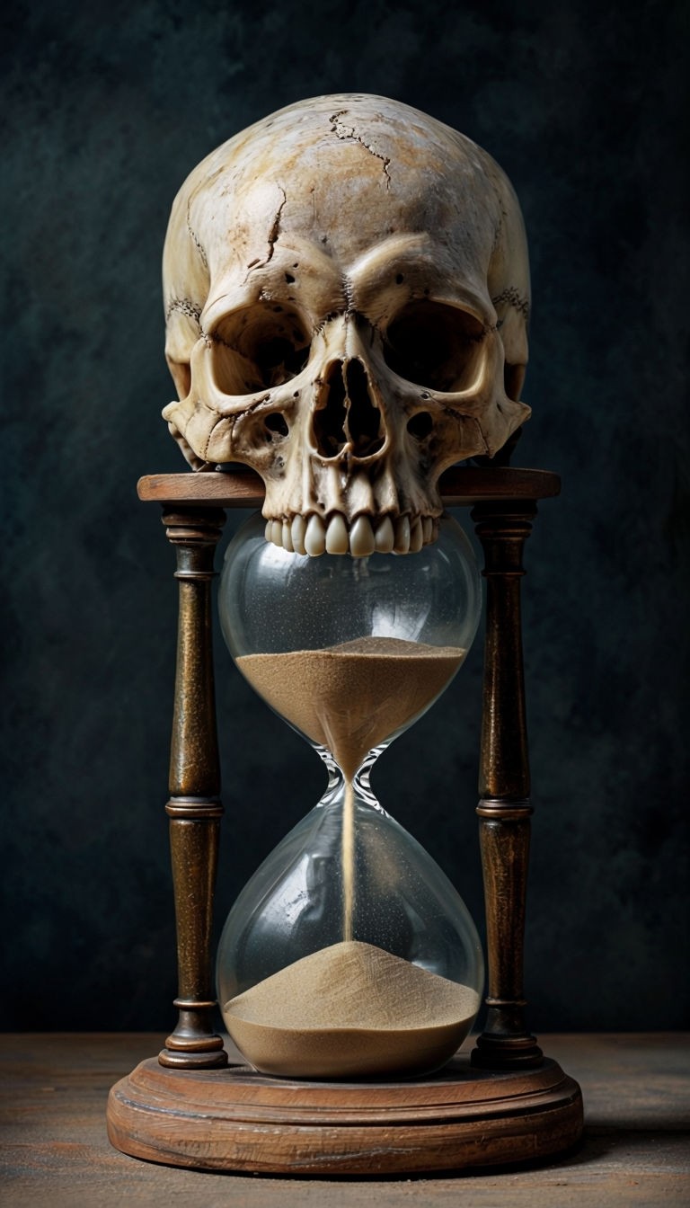 Ominous Still Life of Aged Skull and Hourglass Photograph Art