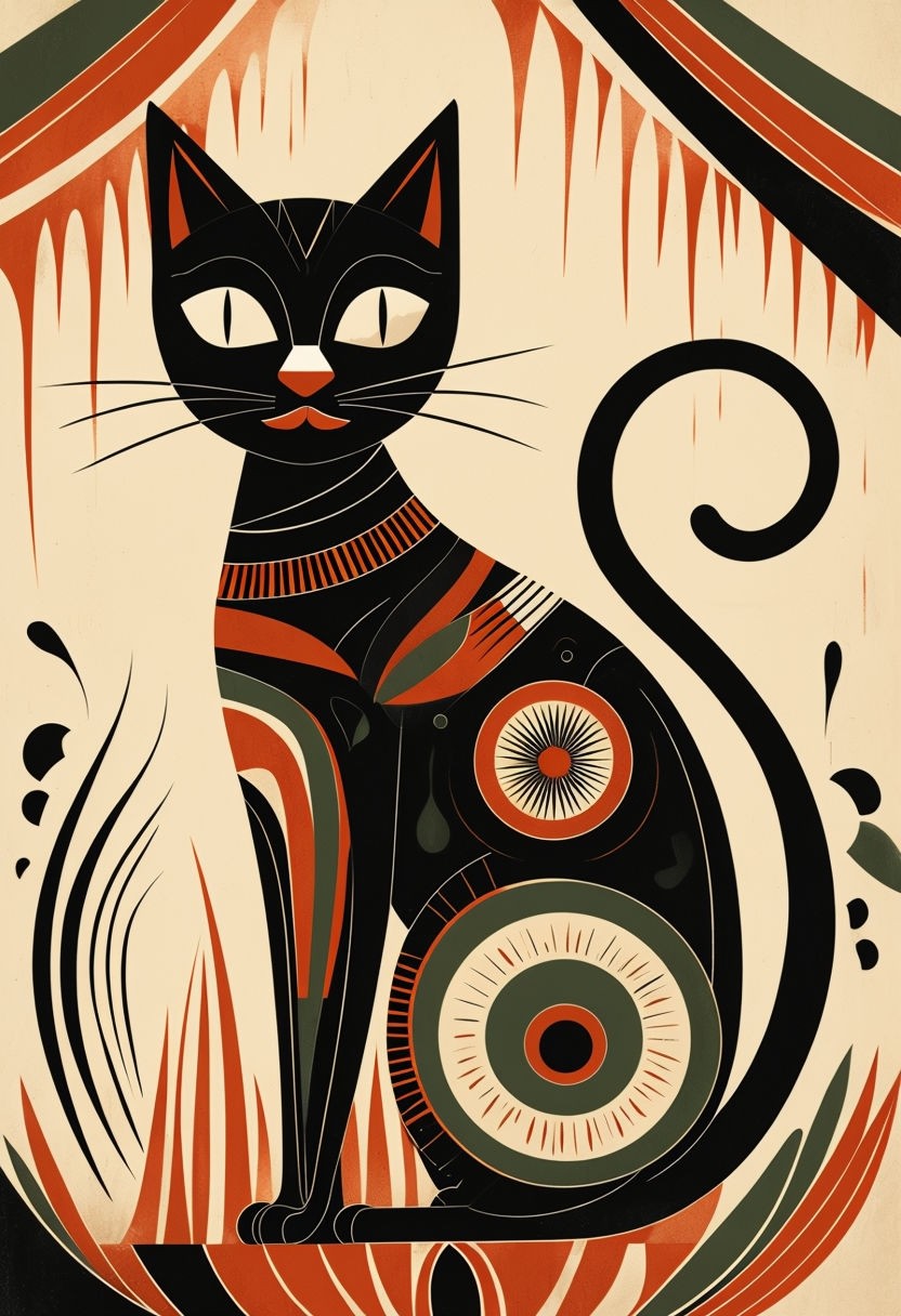 Stylish Black Cat Illustration with Geometric Patterns Art