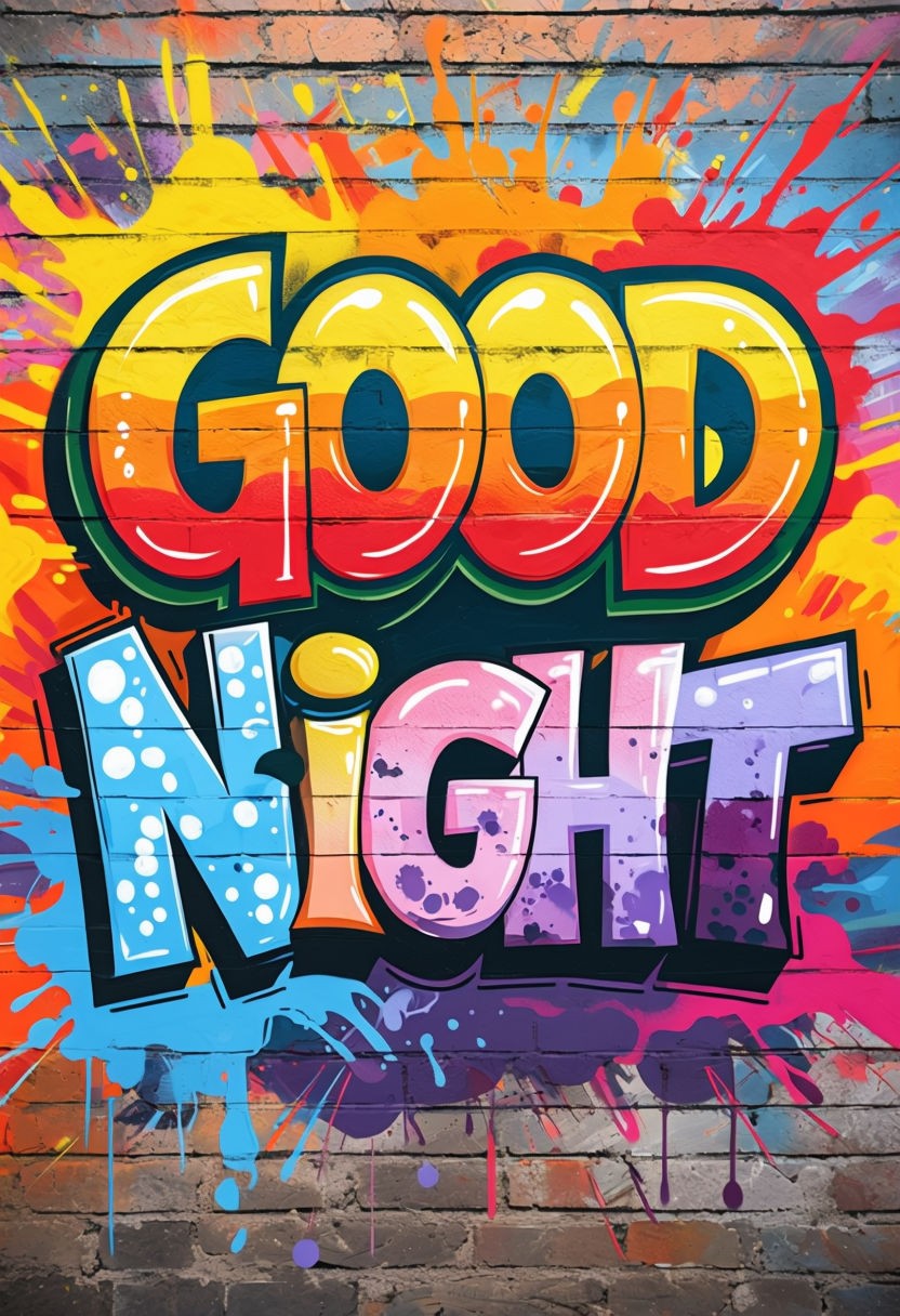 Vibrant Graffiti Good Night Mural Art on Textured Brick Wall Poster