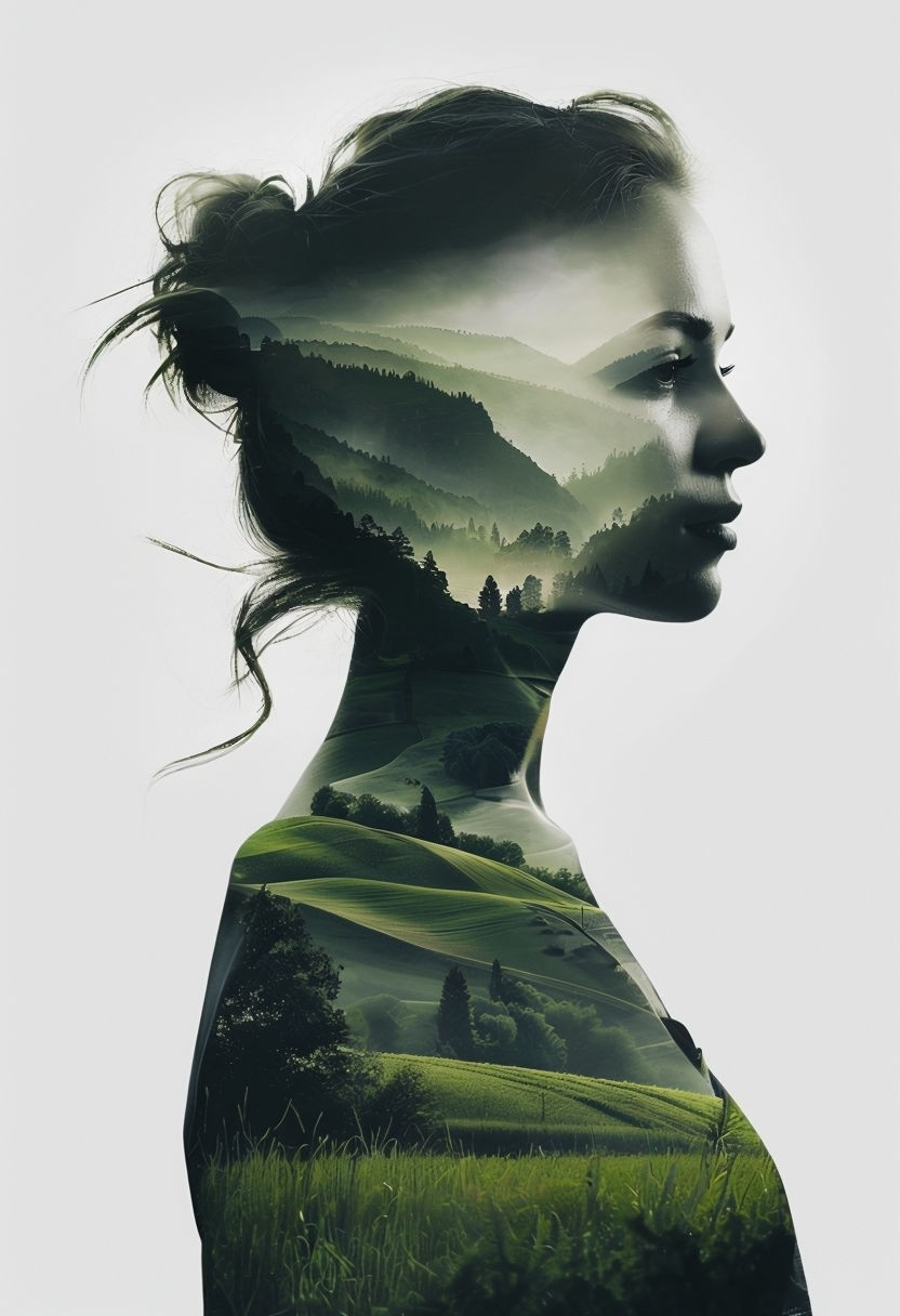 Serene Double Exposure Woman and Nature Silhouette Art