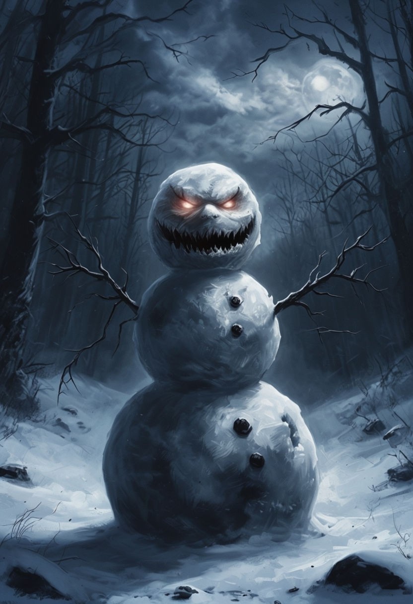 Menacing Sinister Snowman in Dark Fantasy Landscape Art