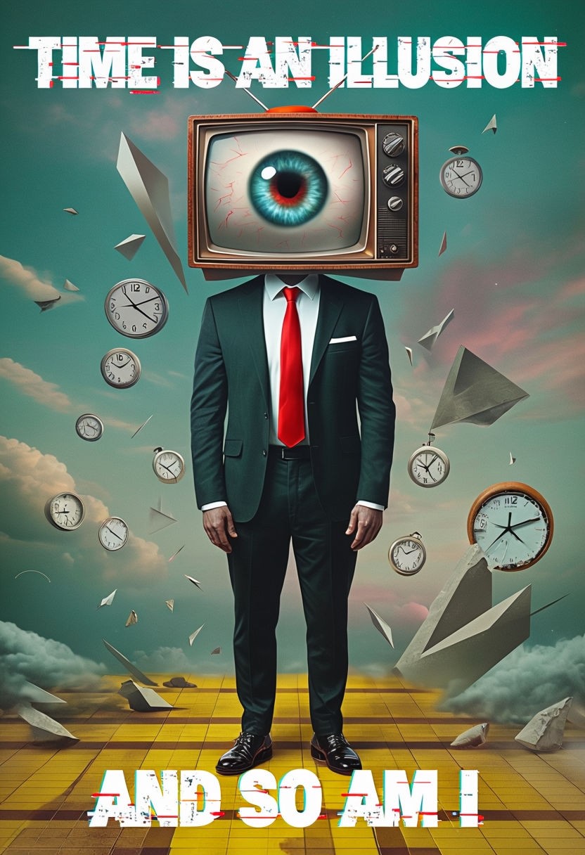 Surreal Man with TV Head and Floating Clocks Digital Artwork Poster