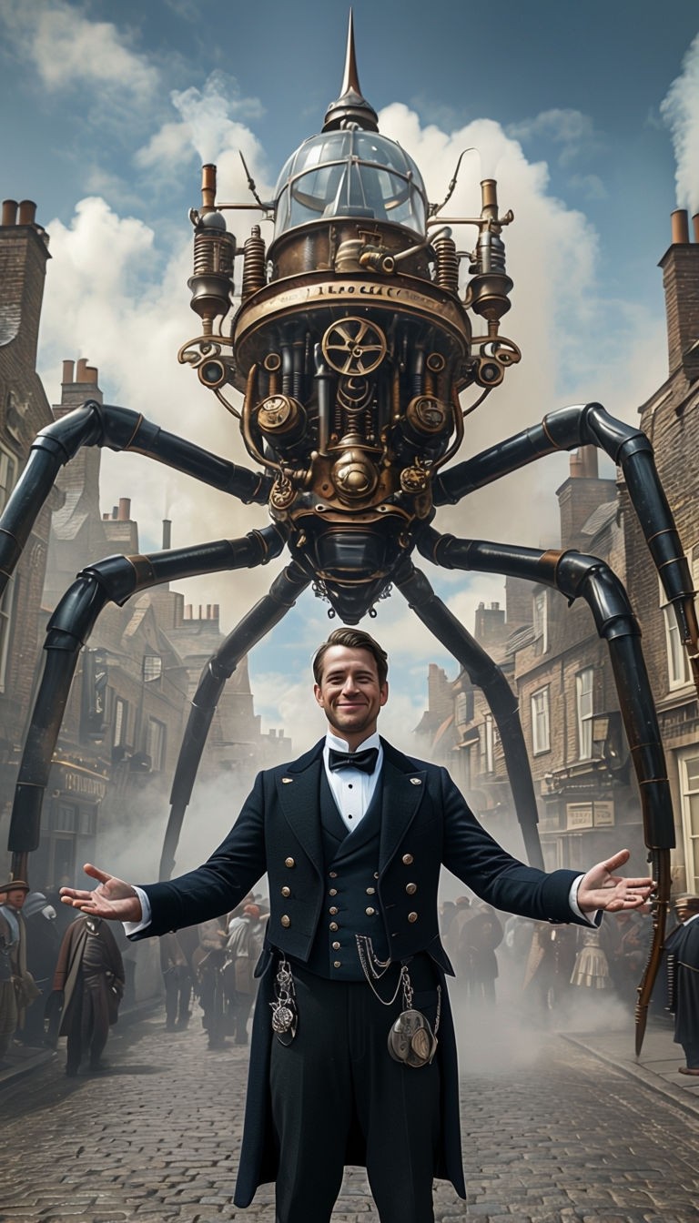 Dramatic Steampunk Adventure with British Gentleman and Mechanical Spider Poster