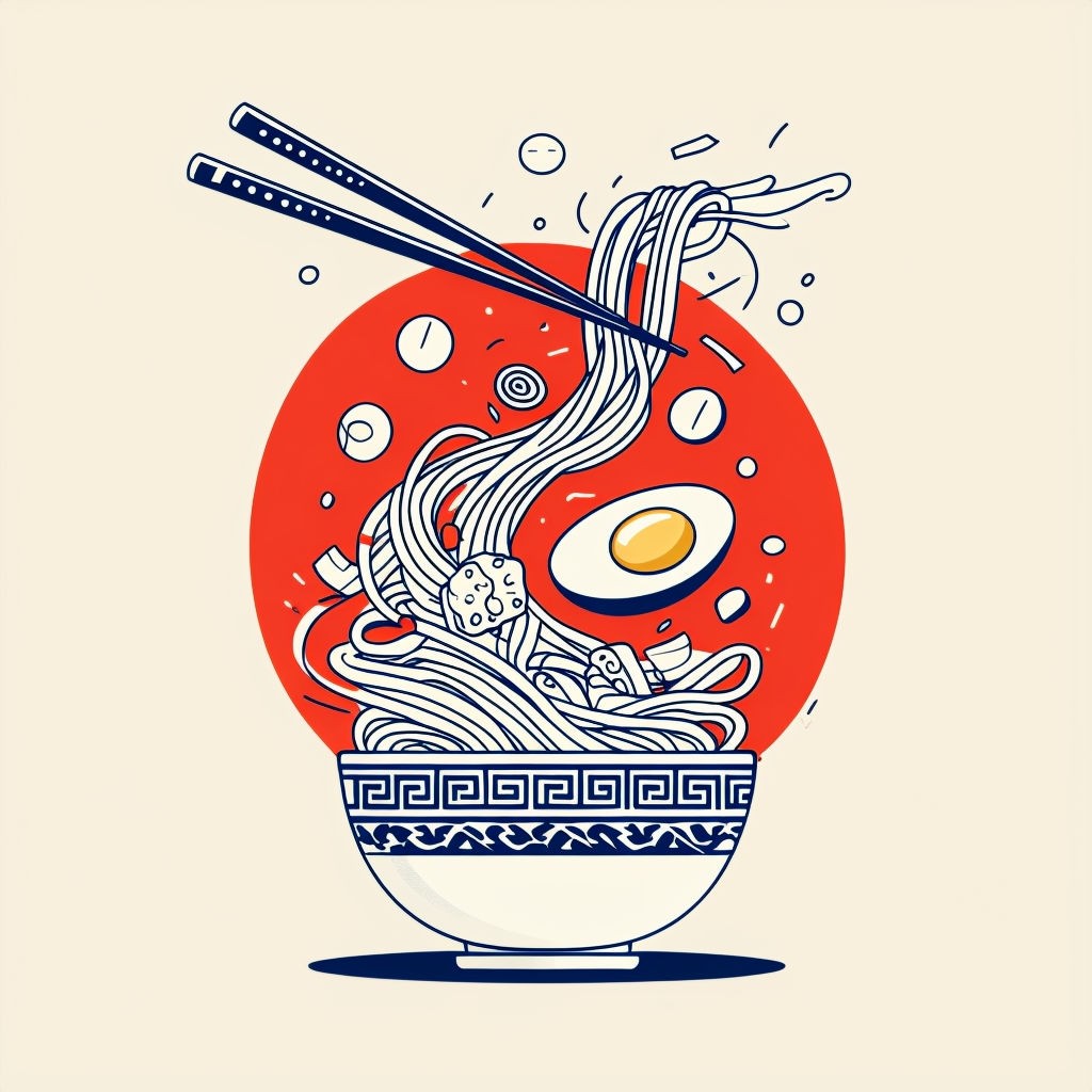 Retro Noodle Bowl Illustration with Egg and Chopsticks Art