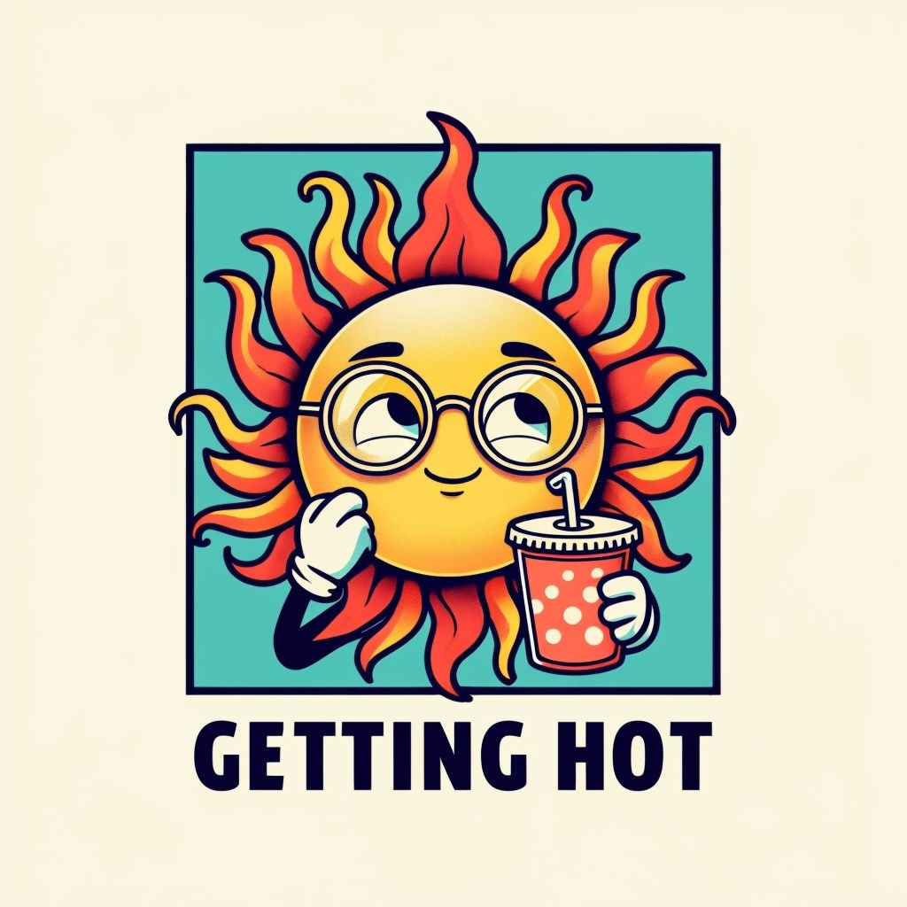 Cheerful Cartoon Sun Character with Drink and 'Getting Hot' Text Art