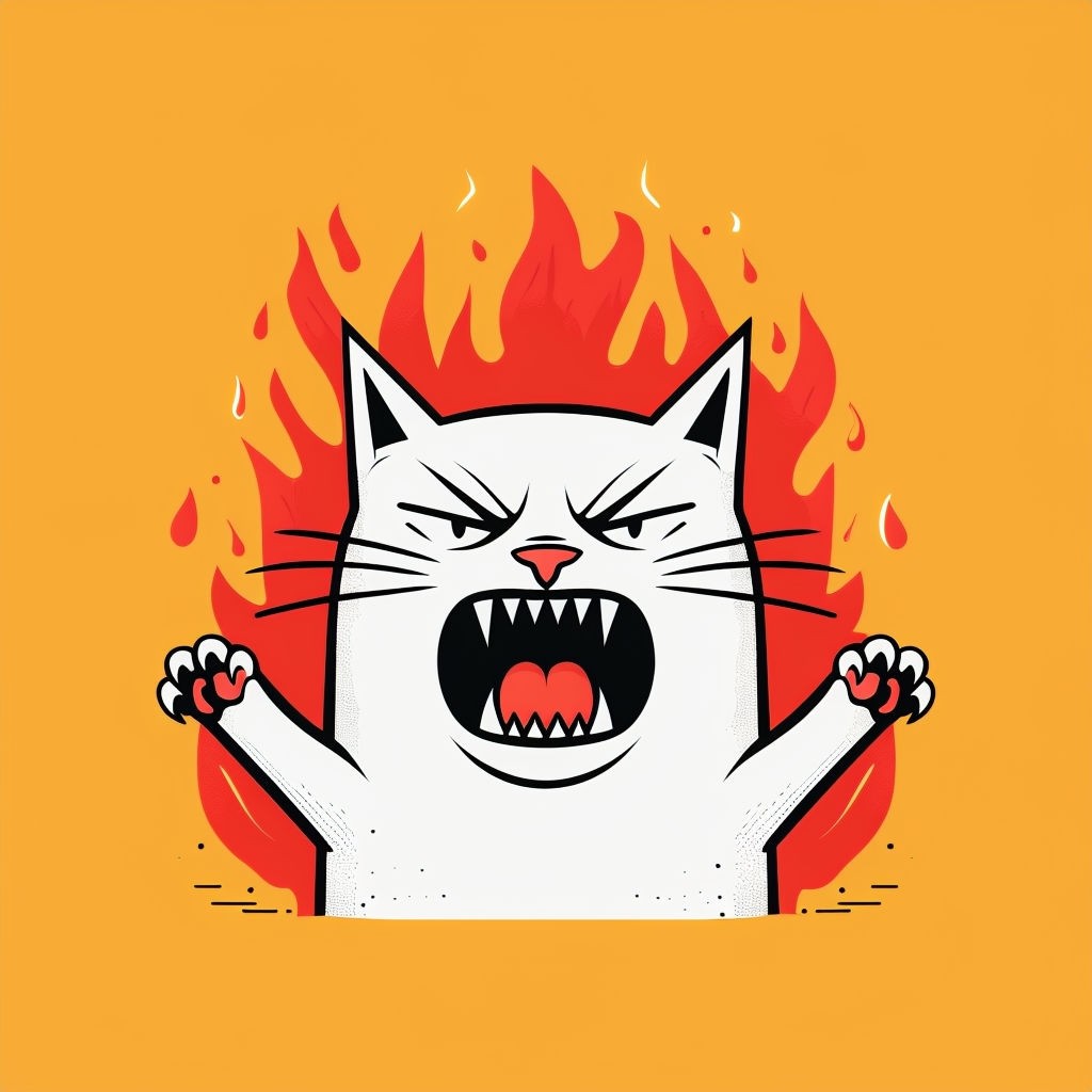 Angry White Cat with Flames Cartoon Art Poster