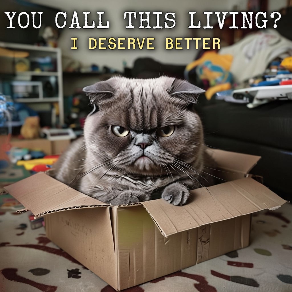 Grumpy Scottish Fold Cat in Tiny Box Meme with Sarcastic Text Overlay