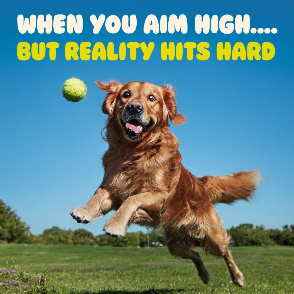 Surprised Golden Retriever Mid-Jump with Tennis Ball Humor Poster