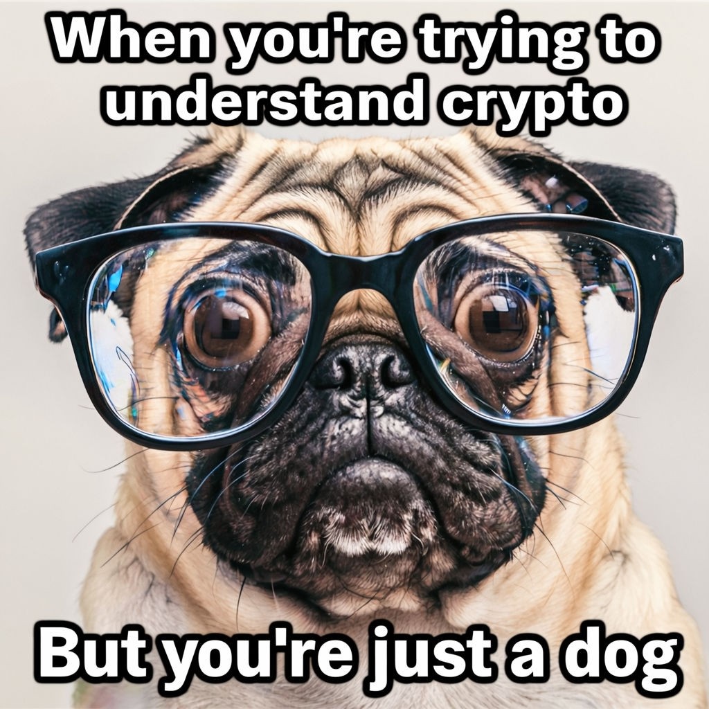 Bewildered Pug in Glasses Humorously Struggling to Understand Crypto Meme