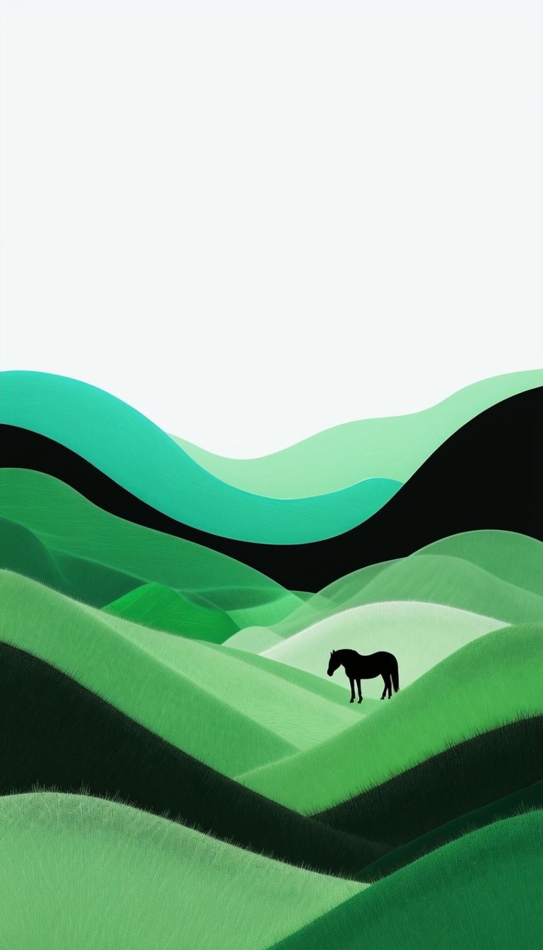 Minimalist Black Horse on Rolling Green Hills Art