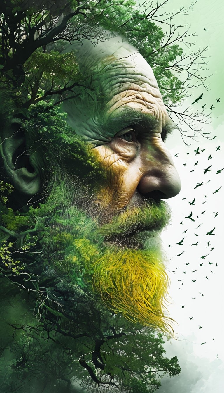 Elderly Man's Face Integrated with Nature Elements Art Illustration