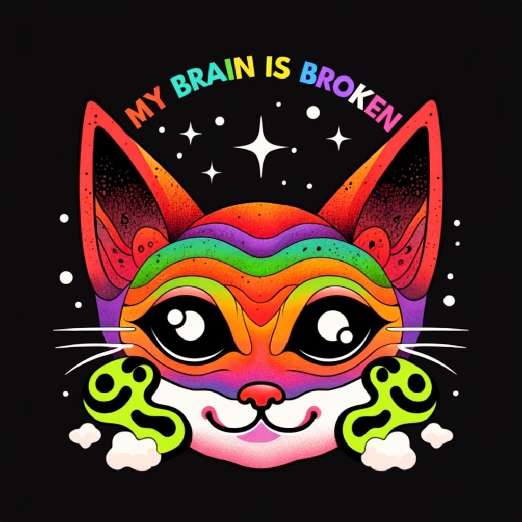 Psychedelic Cat Face with 'My Brain Is Broken' Text Art Poster