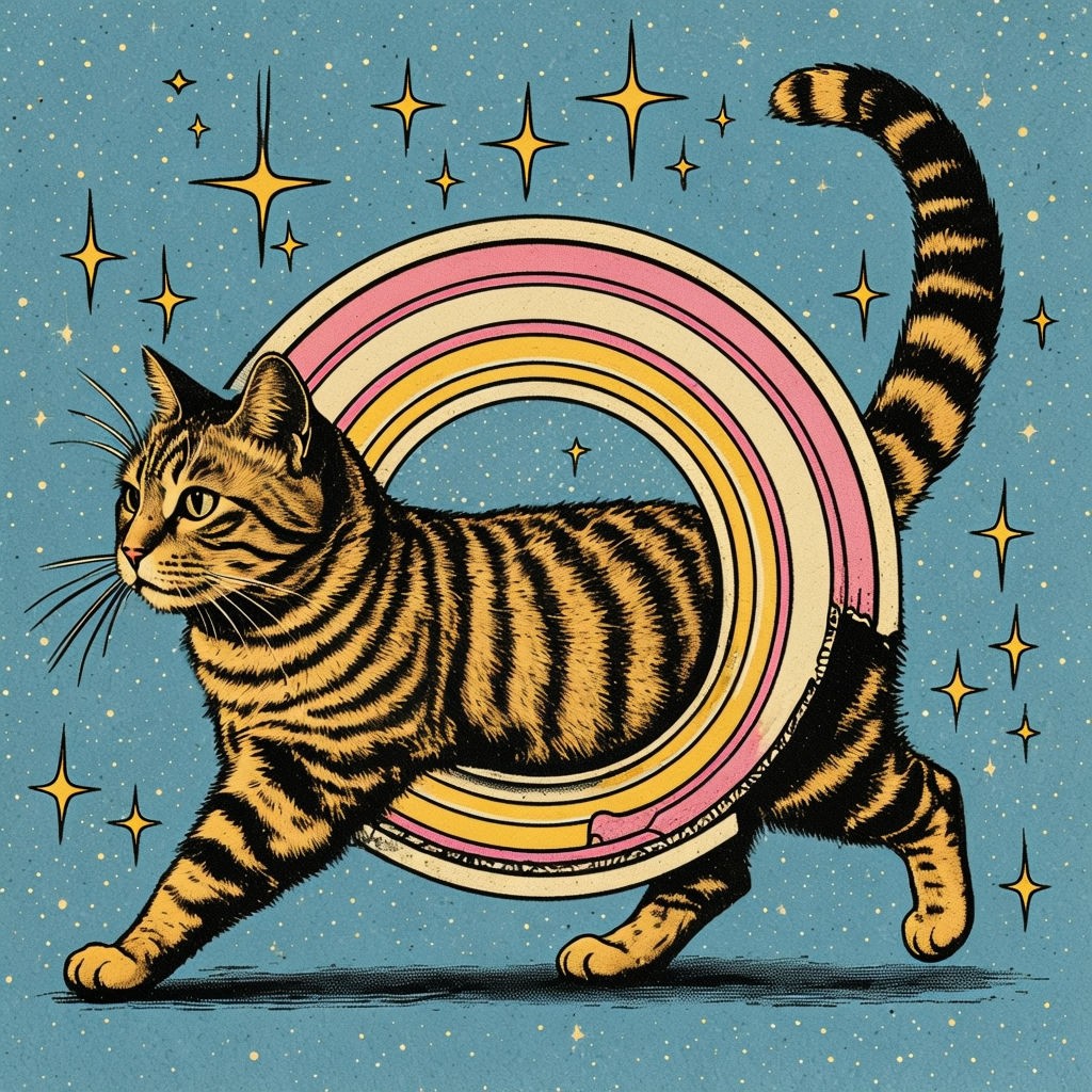 Whimsical Retro Tabby Cat with Cosmic Portal Illustration Art