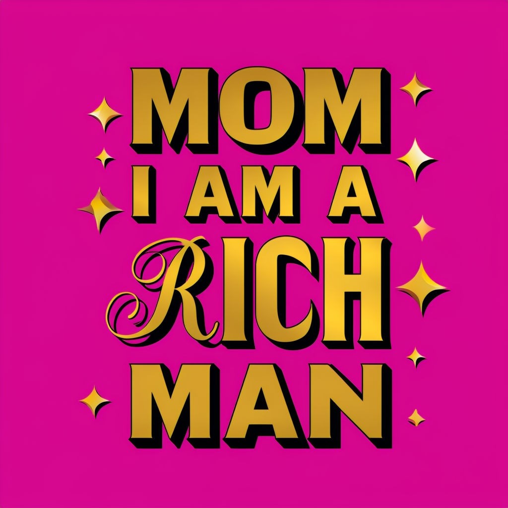 Bold Magenta 'Mom I Am A Rich Man' Text Art with Golden Stars Poster