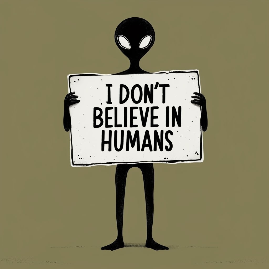 Humorous Alien Holding Sign with 'I Don't Believe in Humans' Art Poster