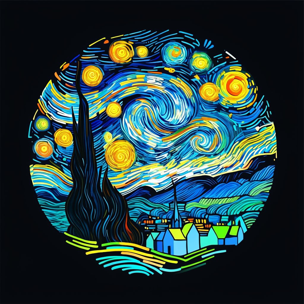 Vibrant Neon Starry Night Inspired Digital Art Poster