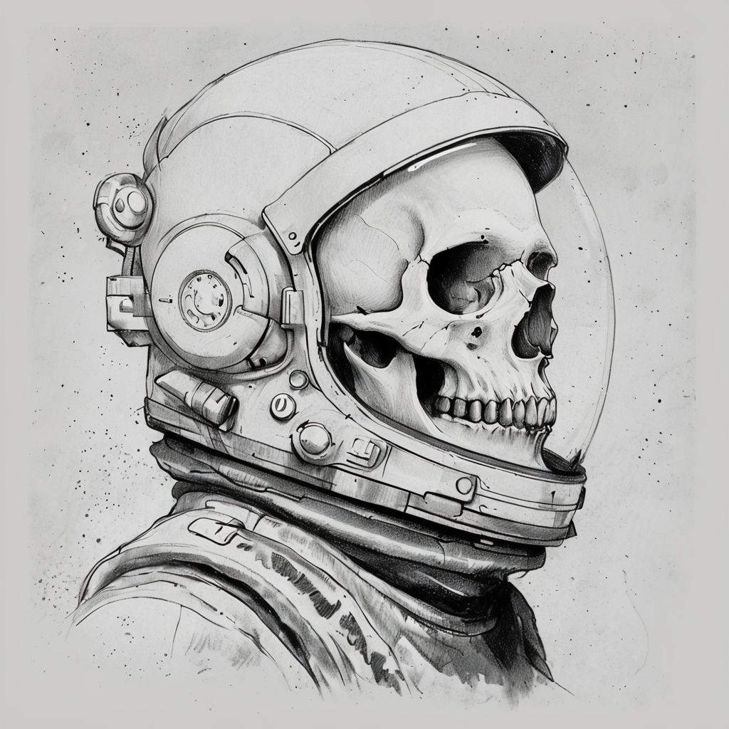 Surreal Astronaut Skull Sketch Illustration Art