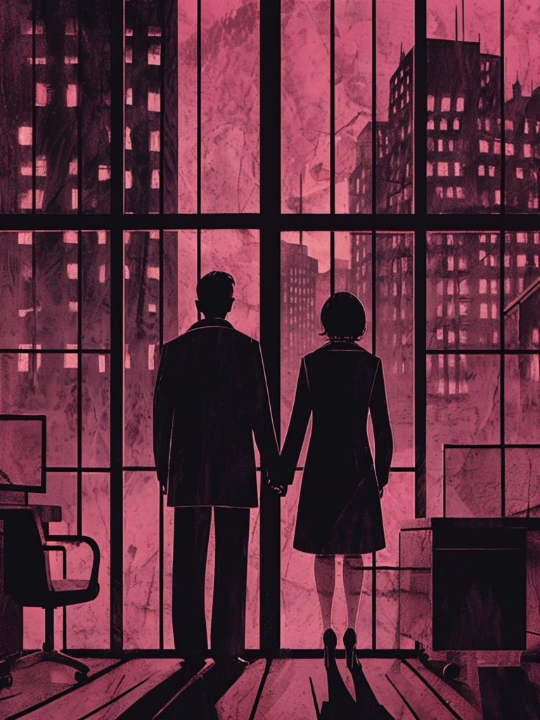 Surreal Noir Silhouette Illustration of Figures in Urban Night Poster