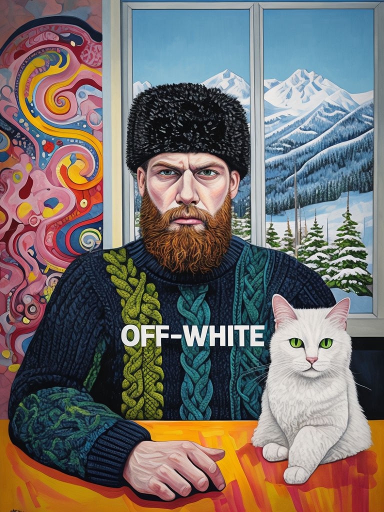 Vibrant Bearded Man with Cat in Winter Landscape Art