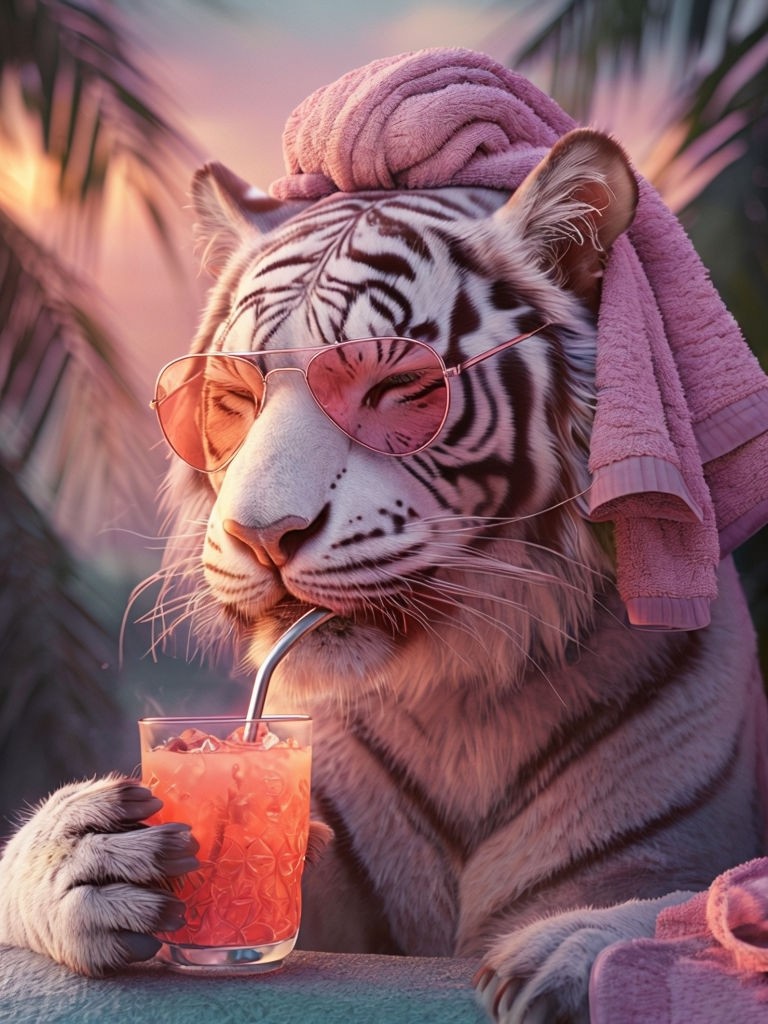 Whimsical Spa Day White Tiger with Sunglasses and Cocktail Art