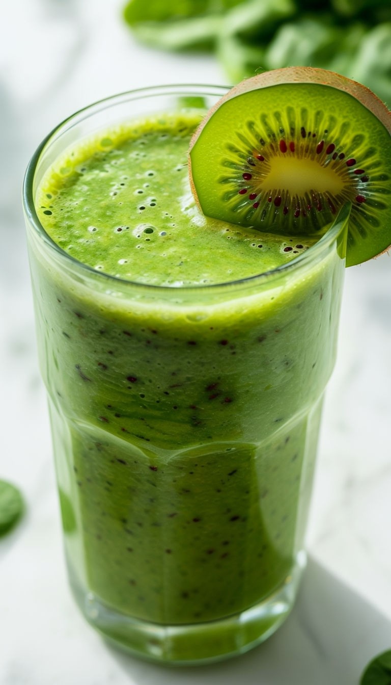 Vibrant Green Smoothie in Glass with Kiwi Garnish Art