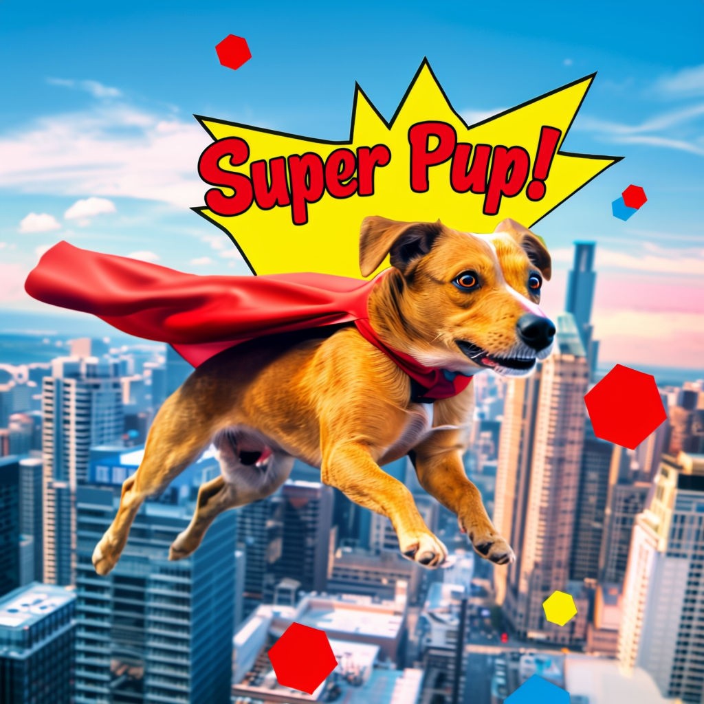 Playful Super Pup Flying Dog Illustration in Pop Art Style Social Media Post