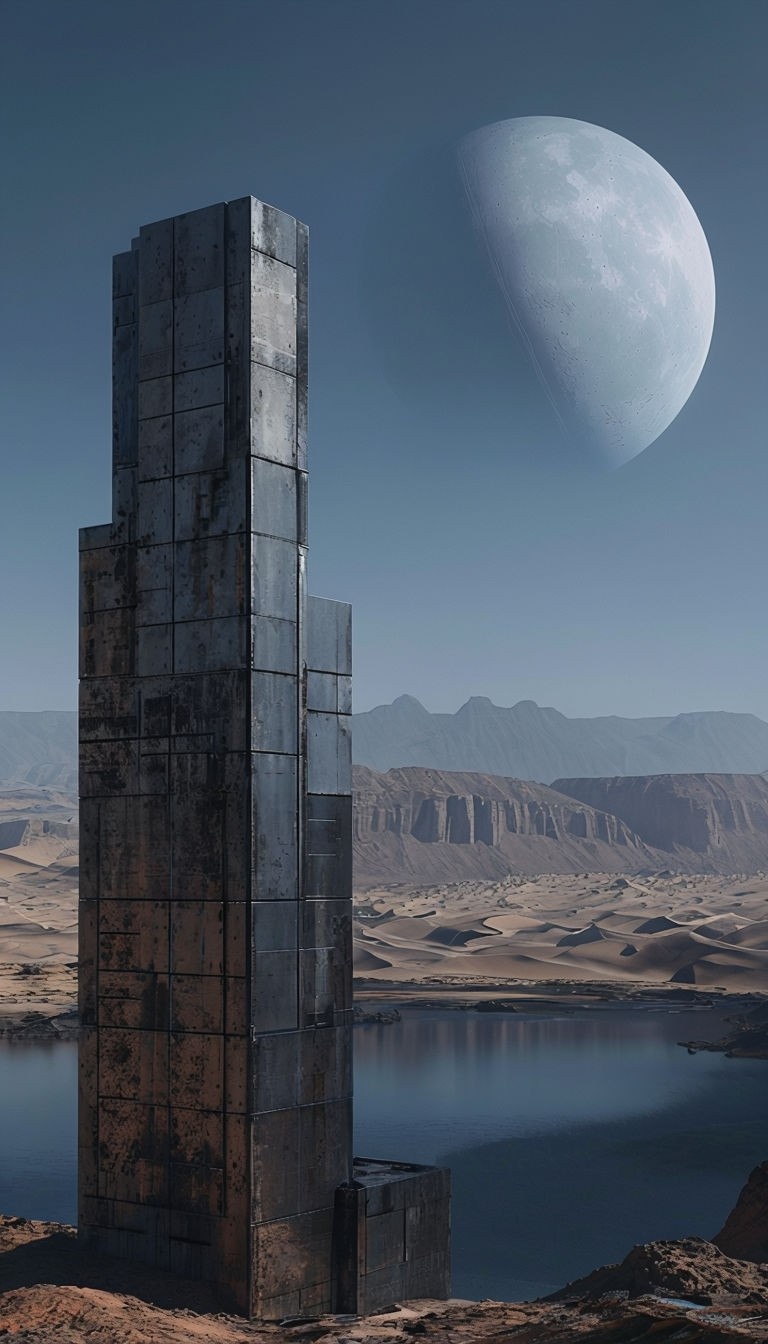 Futuristic Monolithic Landscape with Tranquil Water Reflection Art