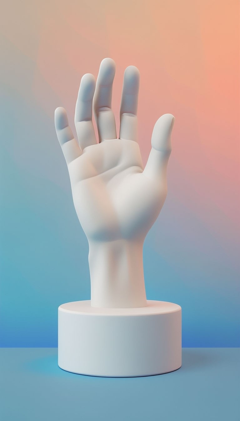 Surrealistic White Hand Sculpture with Pastel Gradient Background Art