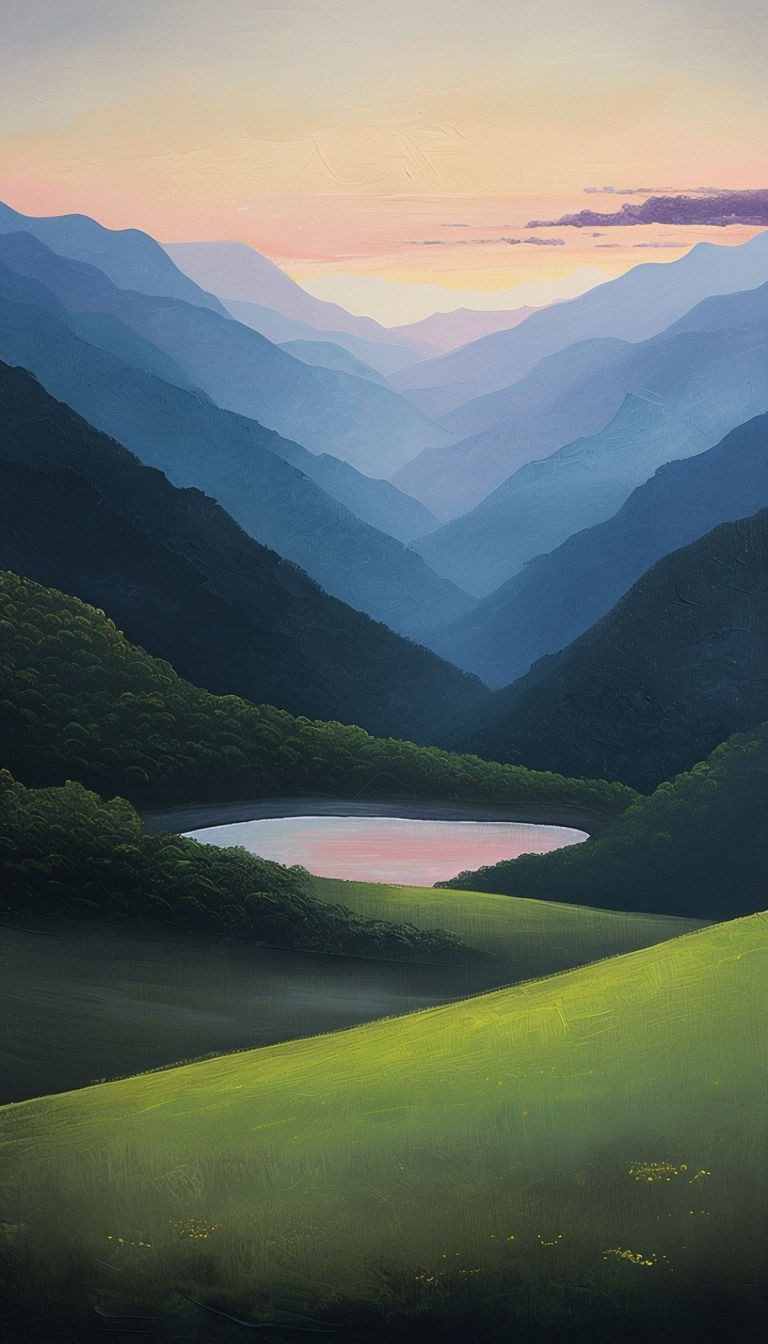 Tranquil Sunset Valley Landscape Painting Art