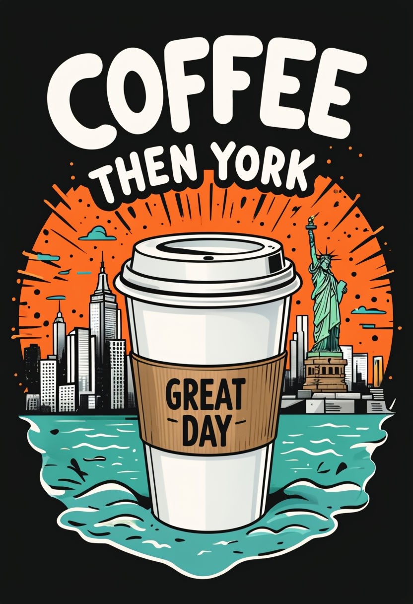 Playful Coffee Cup and NYC Skyline Cartoon Art Poster