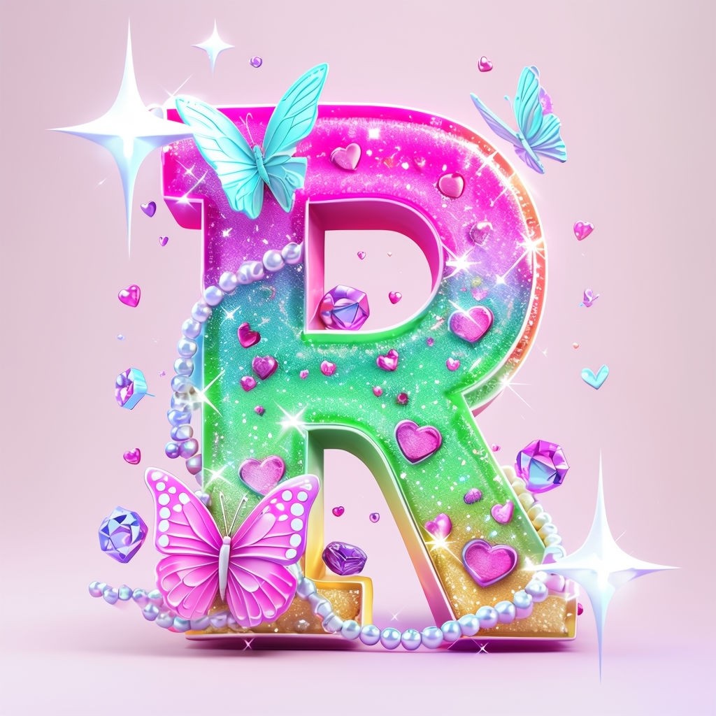 Whimsical Glittery 3D Letter R with Butterflies and Hearts Art