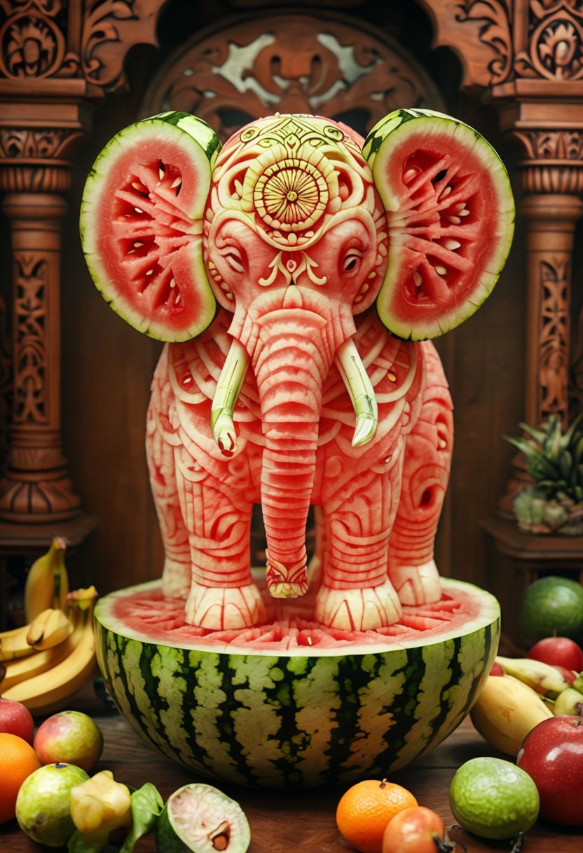 Intricate Watermelon Elephant Sculpture with Fruit Display Art