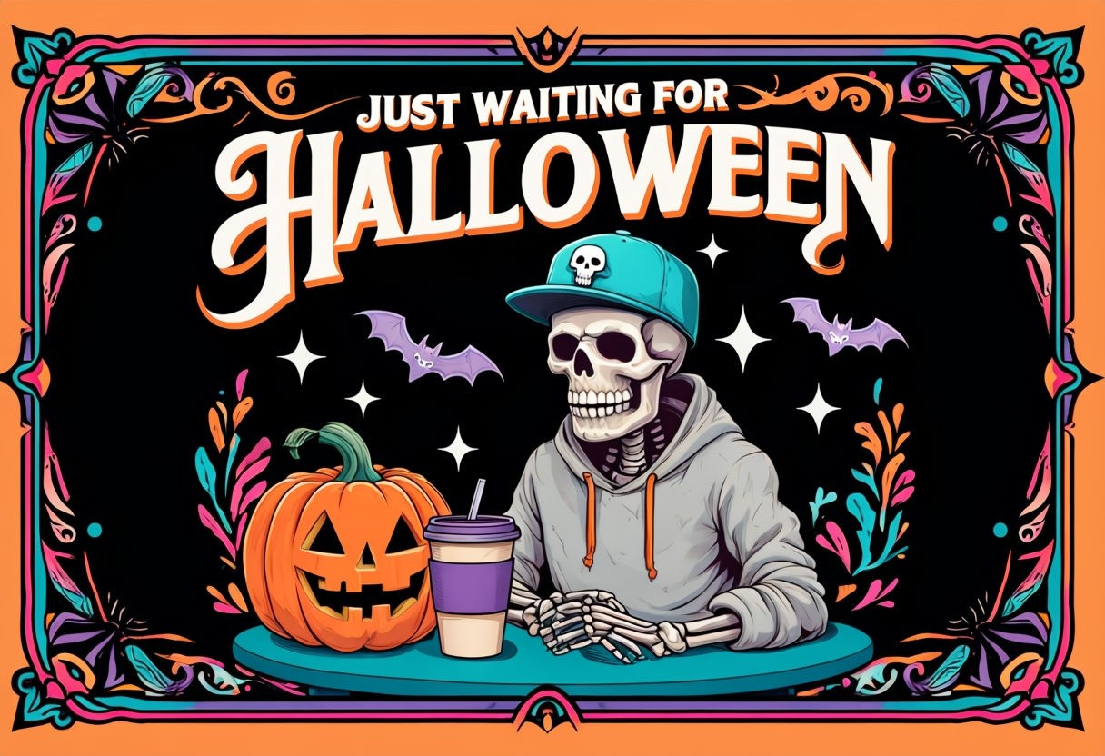 Playful Halloween Skeleton Illustration with Pumpkin and Coffee Art