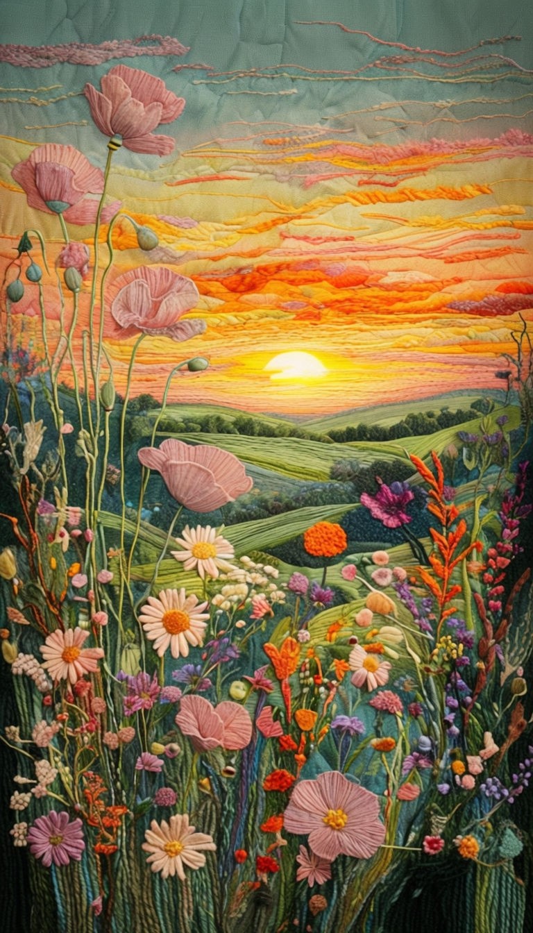 Serene Meadow Sunset Fiber Art 