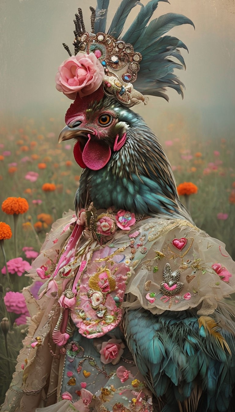 Vibrant Teal Chicken in Elaborate Fashion Surrealism Art 