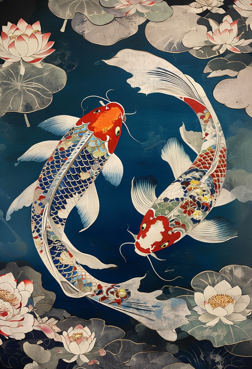 Elegant Detailed Koi Fish Swimming in Lotus Pond Art