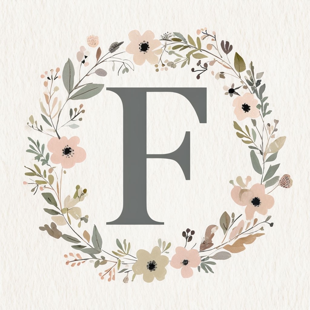 Elegant Letter F Surrounded by Pastel Floral Wreath