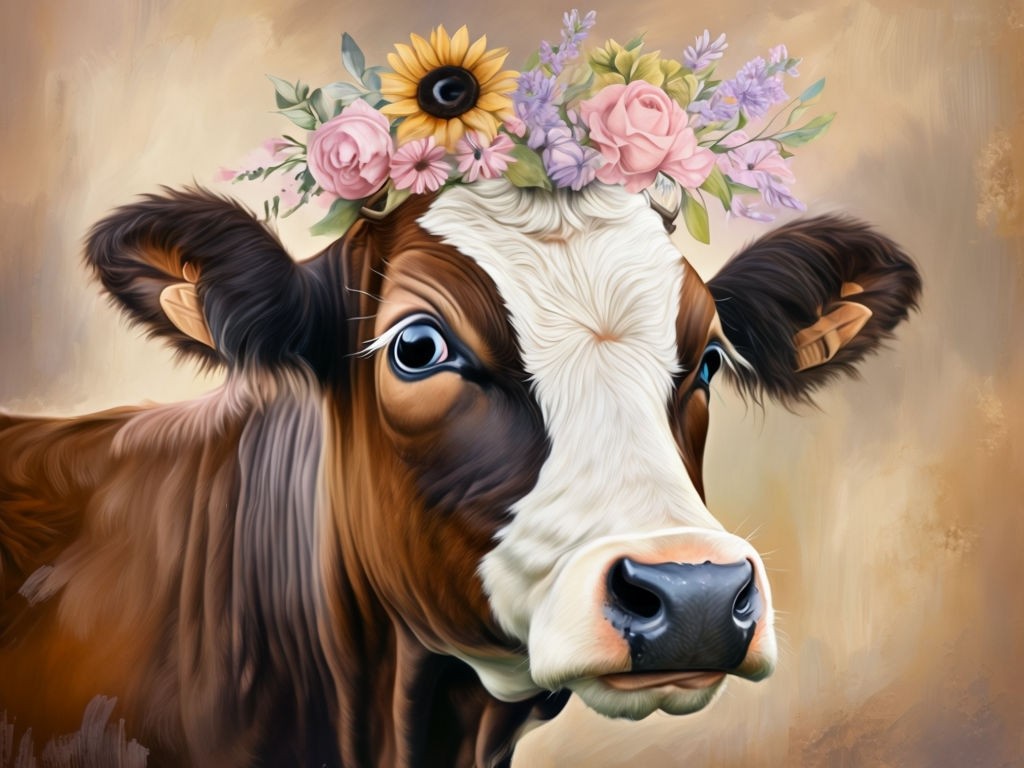 Gentle Cow with Floral Crown Digital Oil Painting Art